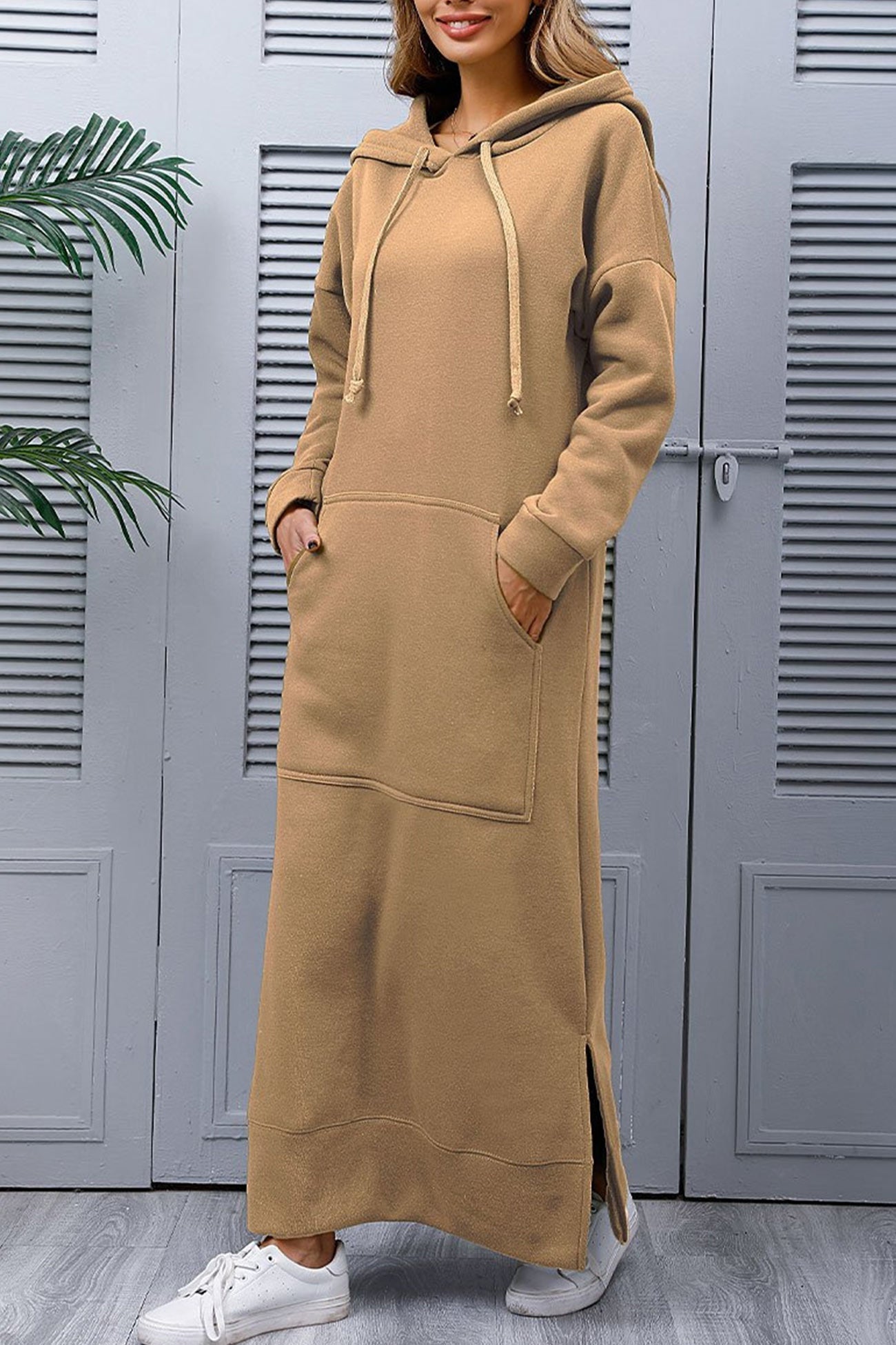 Women's Hoodie Dress - Long Casual Fit - Side Slit - With Pockets - Soft Fabric