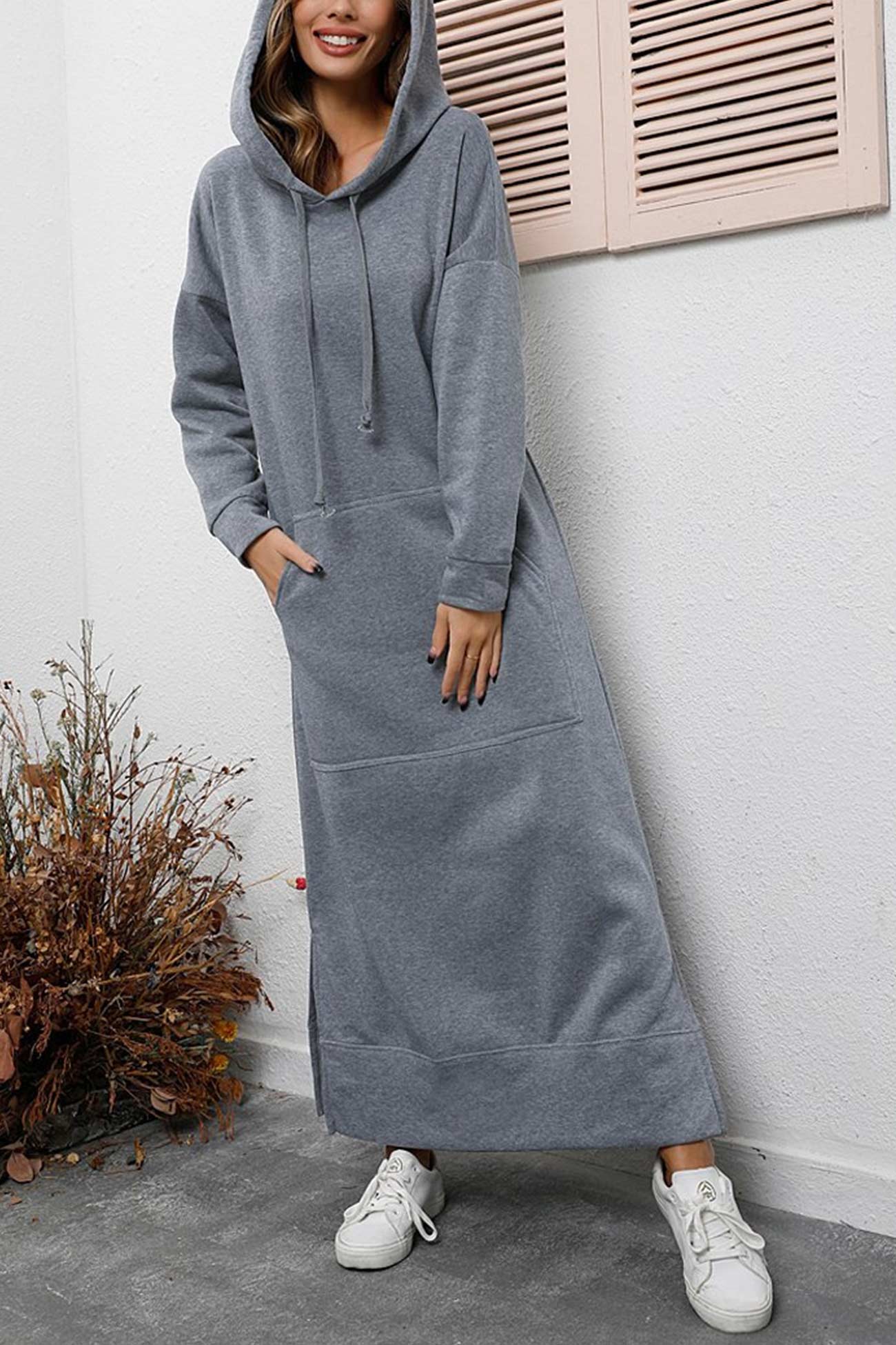 Women's Hoodie Dress - Long Casual Fit - Side Slit - With Pockets - Soft Fabric