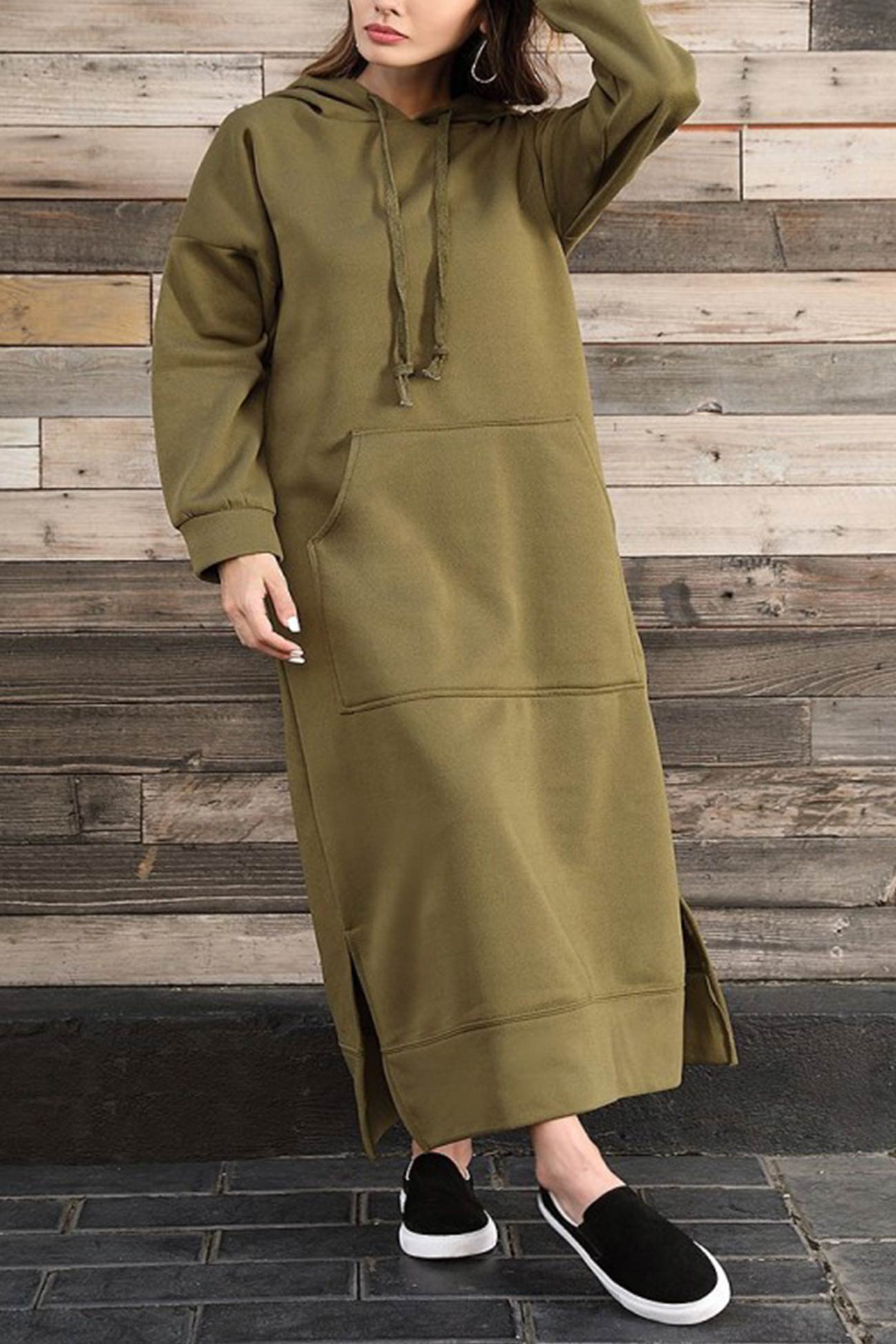 Women's Hoodie Dress - Long Casual Fit - Side Slit - With Pockets - Soft Fabric