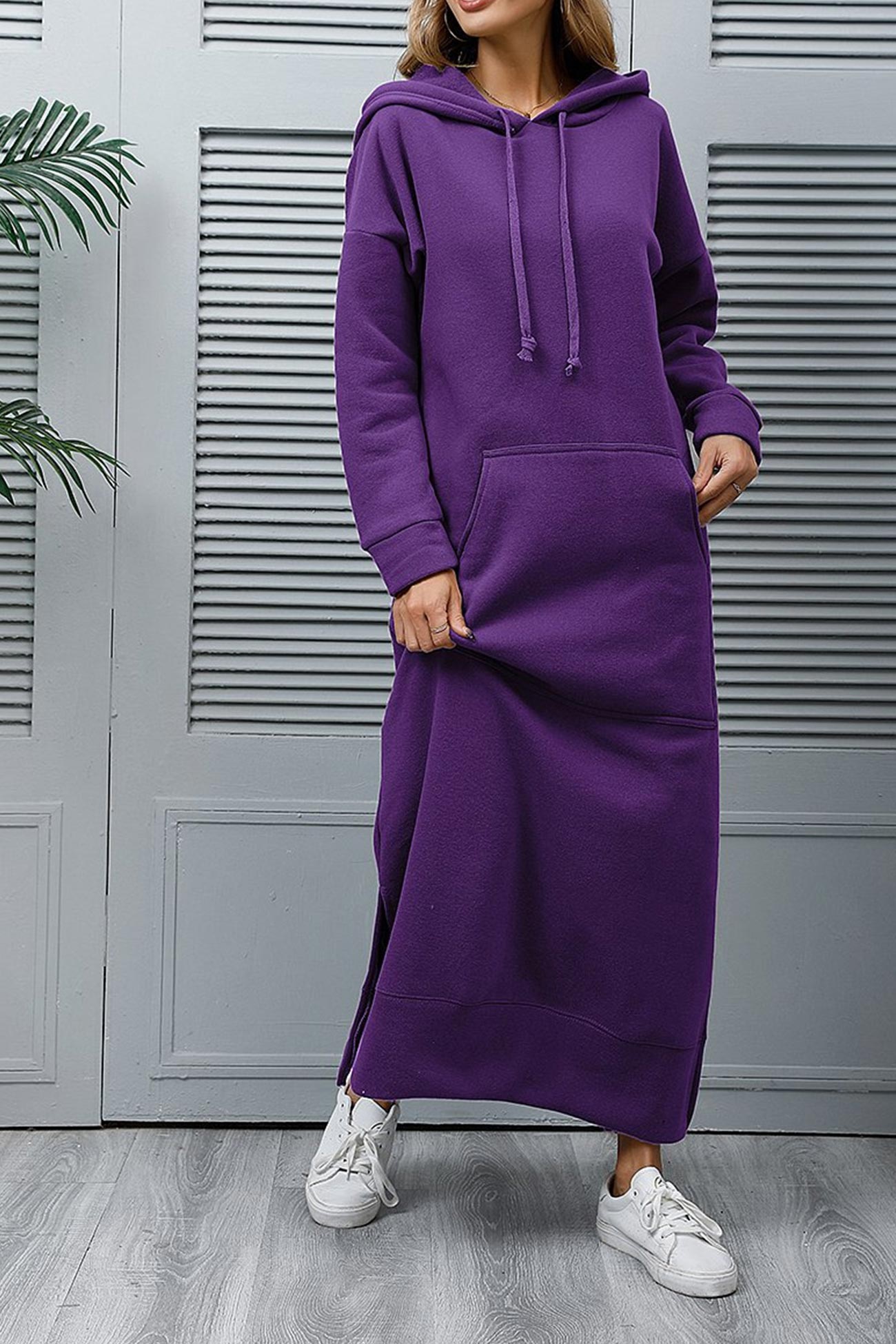 Women's Hoodie Dress - Long Casual Fit - Side Slit - With Pockets - Soft Fabric
