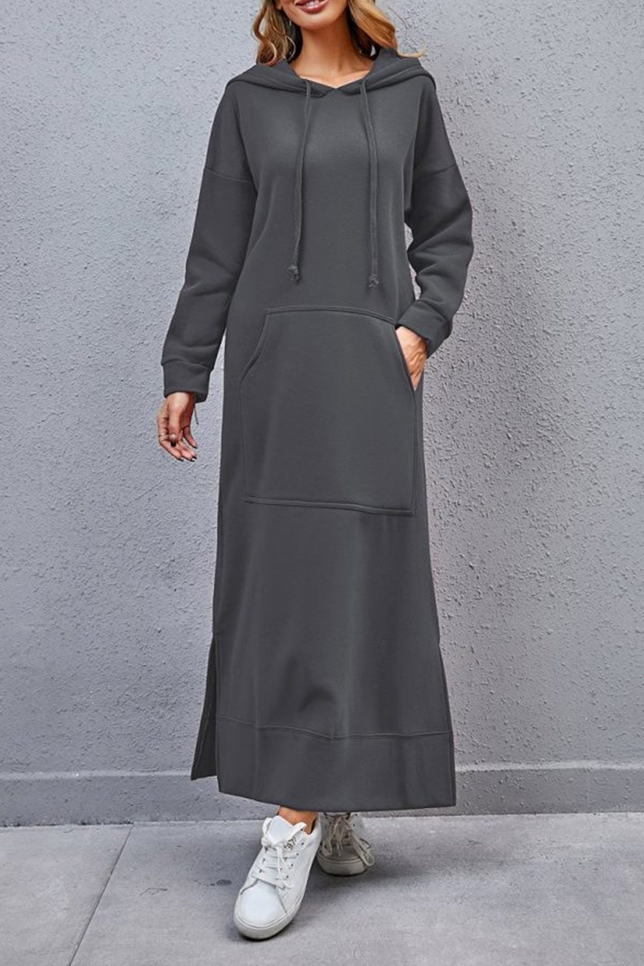 Women's Hoodie Dress - Long Casual Fit - Side Slit - With Pockets - Soft Fabric
