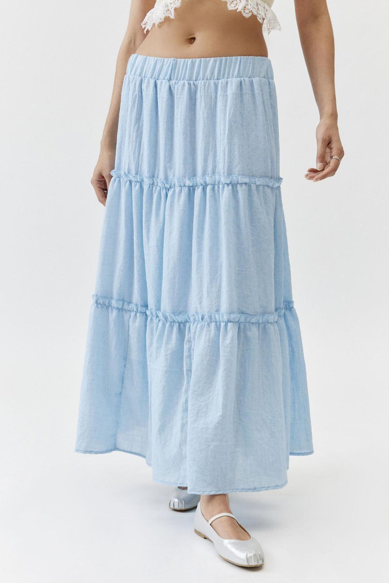 Women's Tiered Midi Skirt - Lightweight & Breathable - Elastic Waist - Flowy Casual Wear
