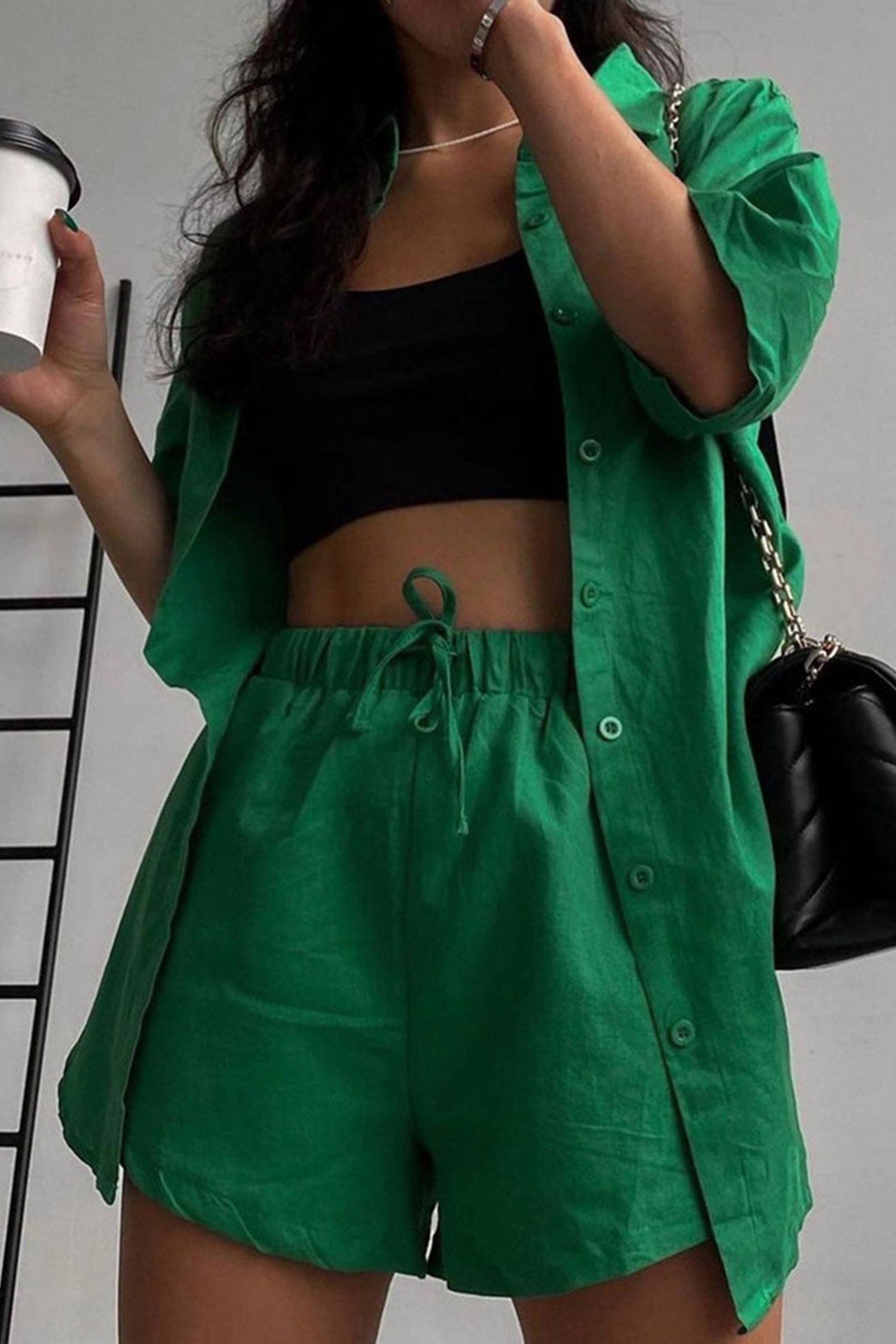 Saoirse - solid short sleeve shirt drawstring shorts set