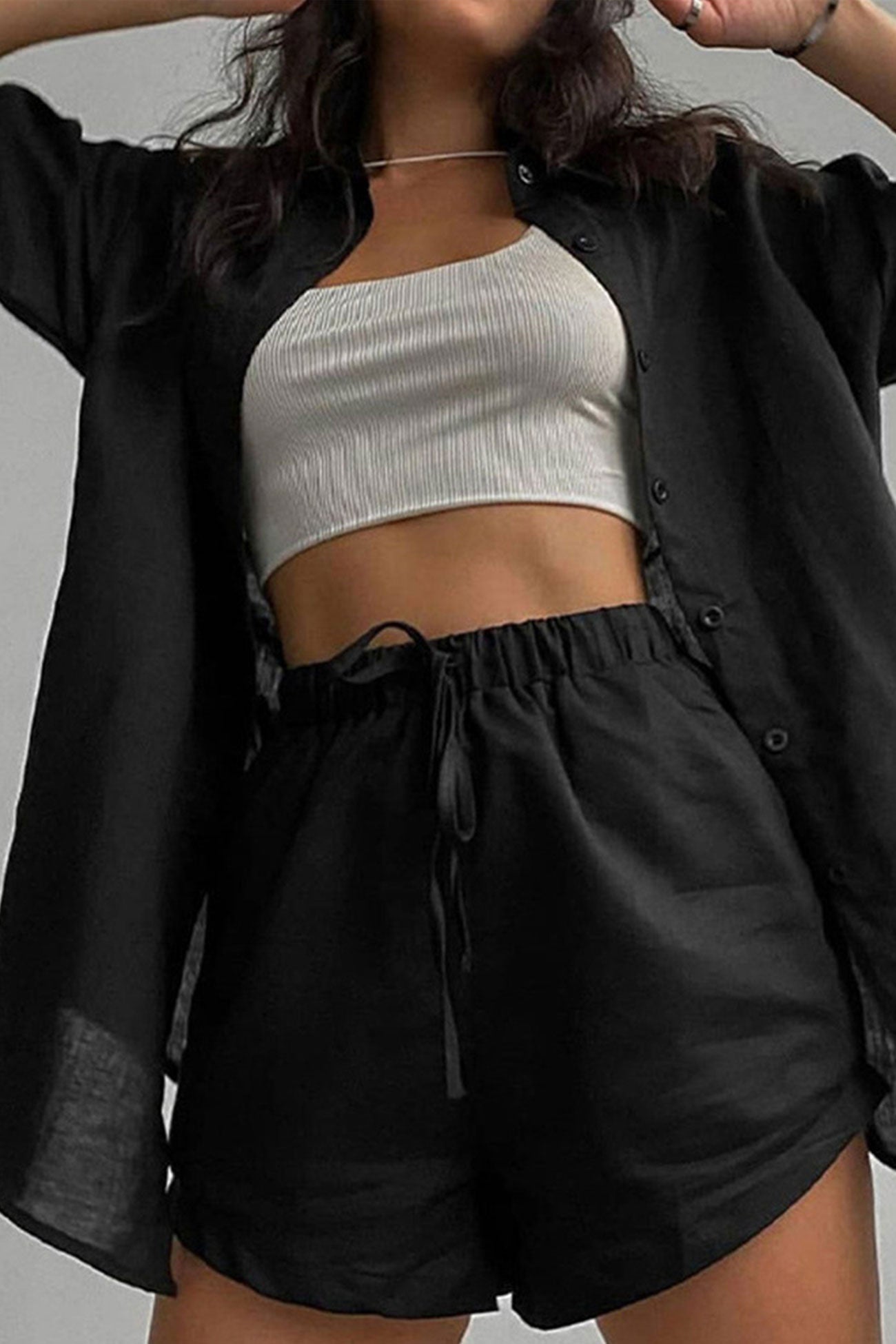 Saoirse - solid short sleeve shirt drawstring shorts set