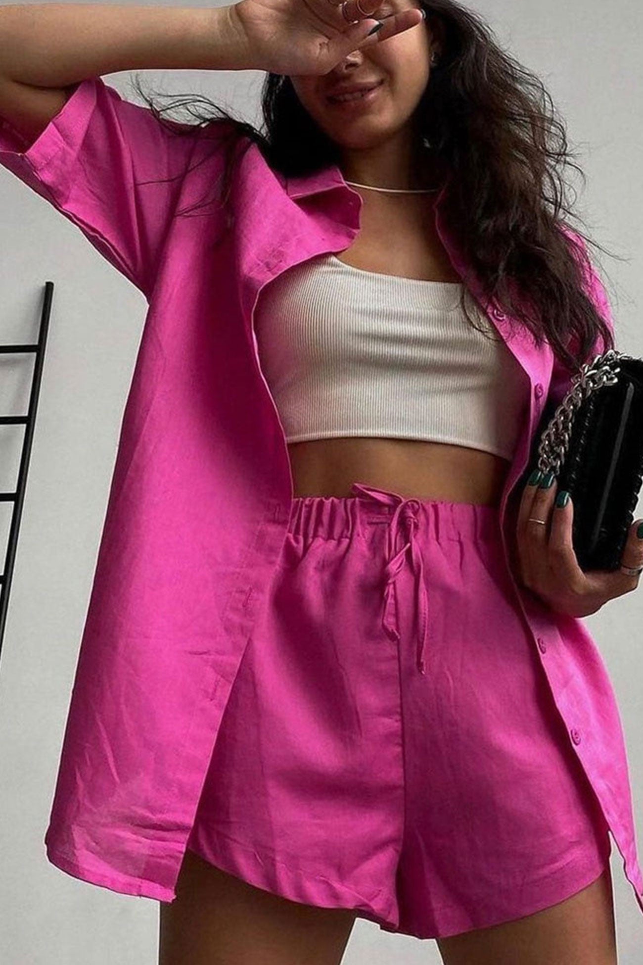 Saoirse - solid short sleeve shirt drawstring shorts set