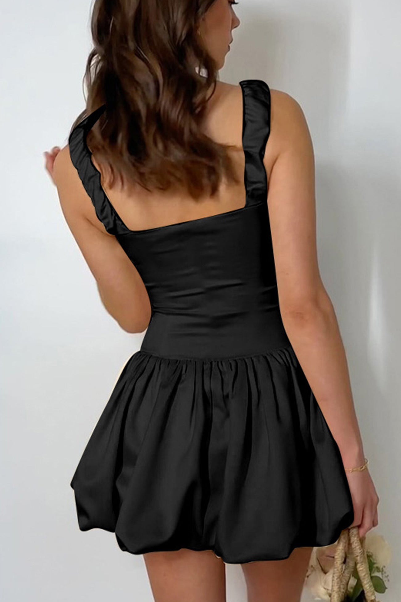 Women's Mini Dress - Corset Bodice - Ruched Straps - Bubble Skirt - Satin Finish