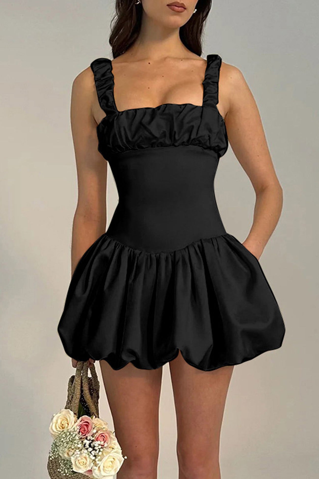 Women's Mini Dress - Corset Bodice - Ruched Straps - Bubble Skirt - Satin Finish