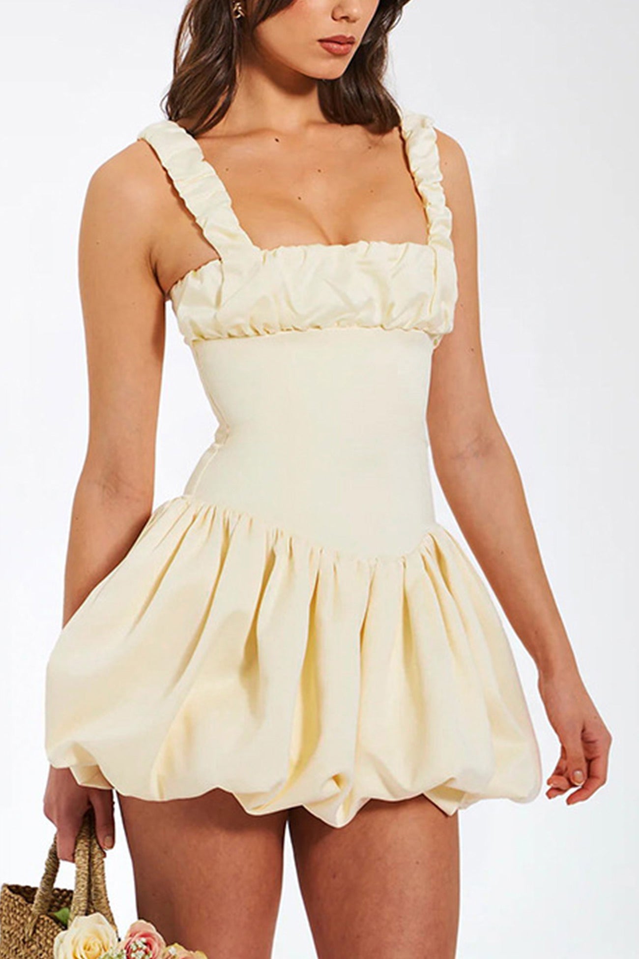 Women's Mini Dress - Corset Bodice - Ruched Straps - Bubble Skirt - Satin Finish