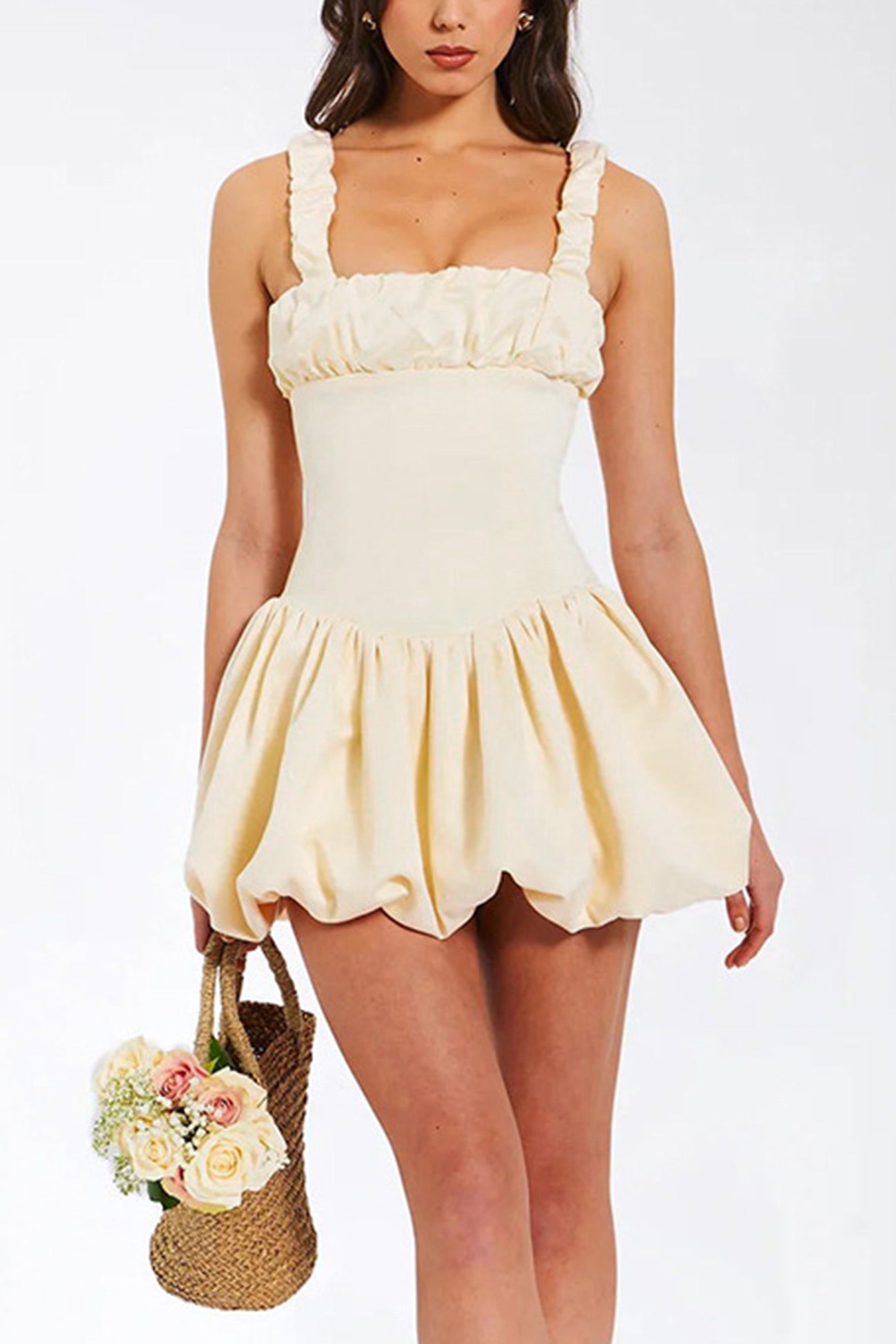 Women's Mini Dress - Corset Bodice - Ruched Straps - Bubble Skirt - Satin Finish