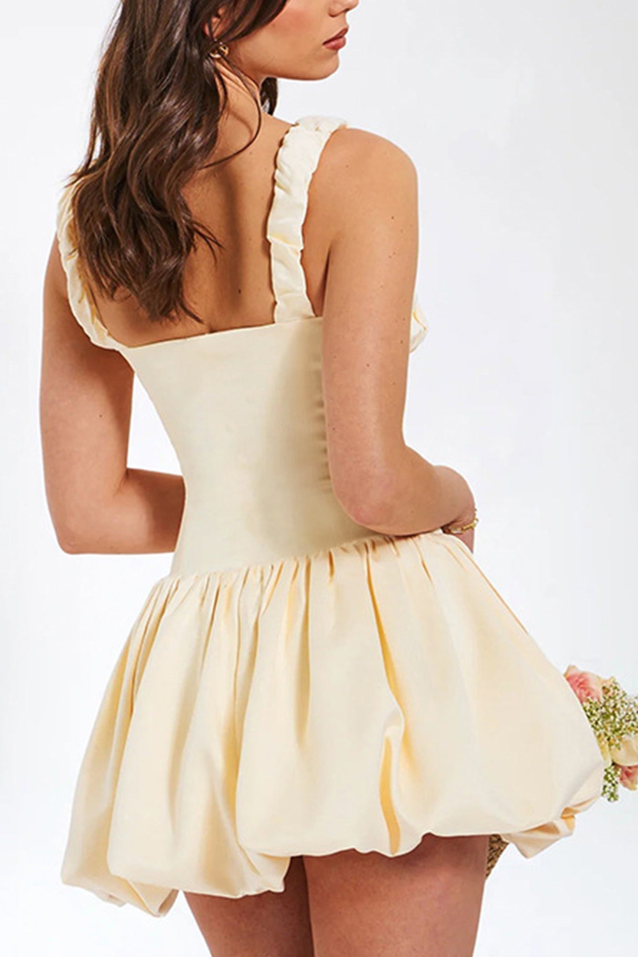 Women's Mini Dress - Corset Bodice - Ruched Straps - Bubble Skirt - Satin Finish