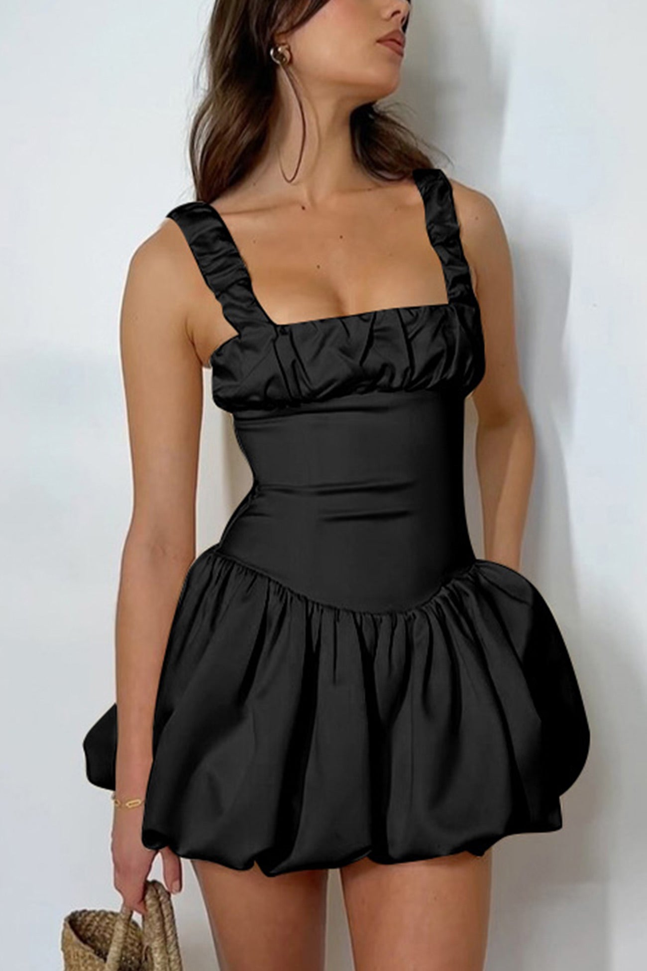 Women's Mini Dress - Corset Bodice - Ruched Straps - Bubble Skirt - Satin Finish