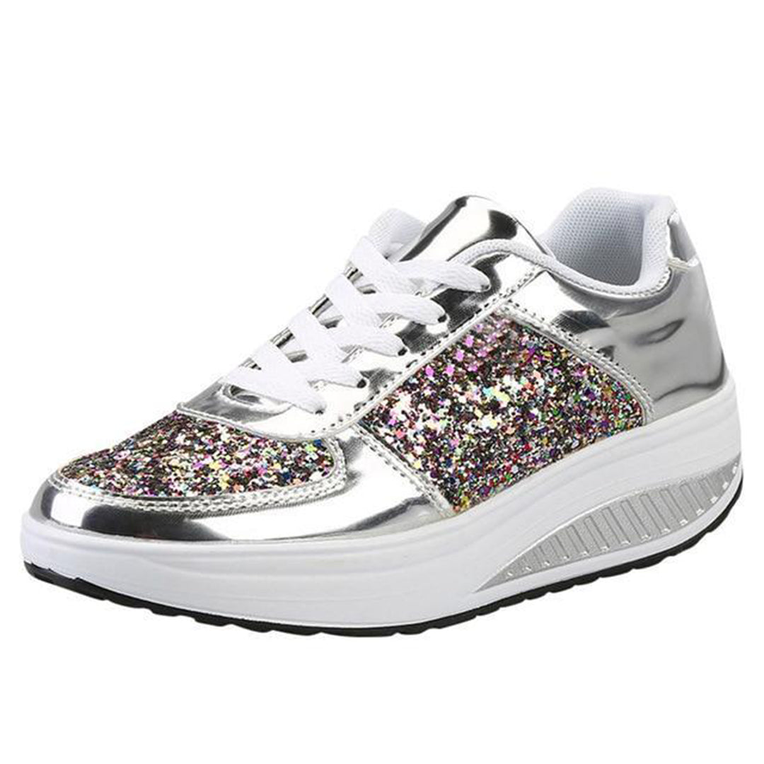 Women's Platform Sneakers - Glitter Embellished - Lace-Up - Fashionable Casual Wear