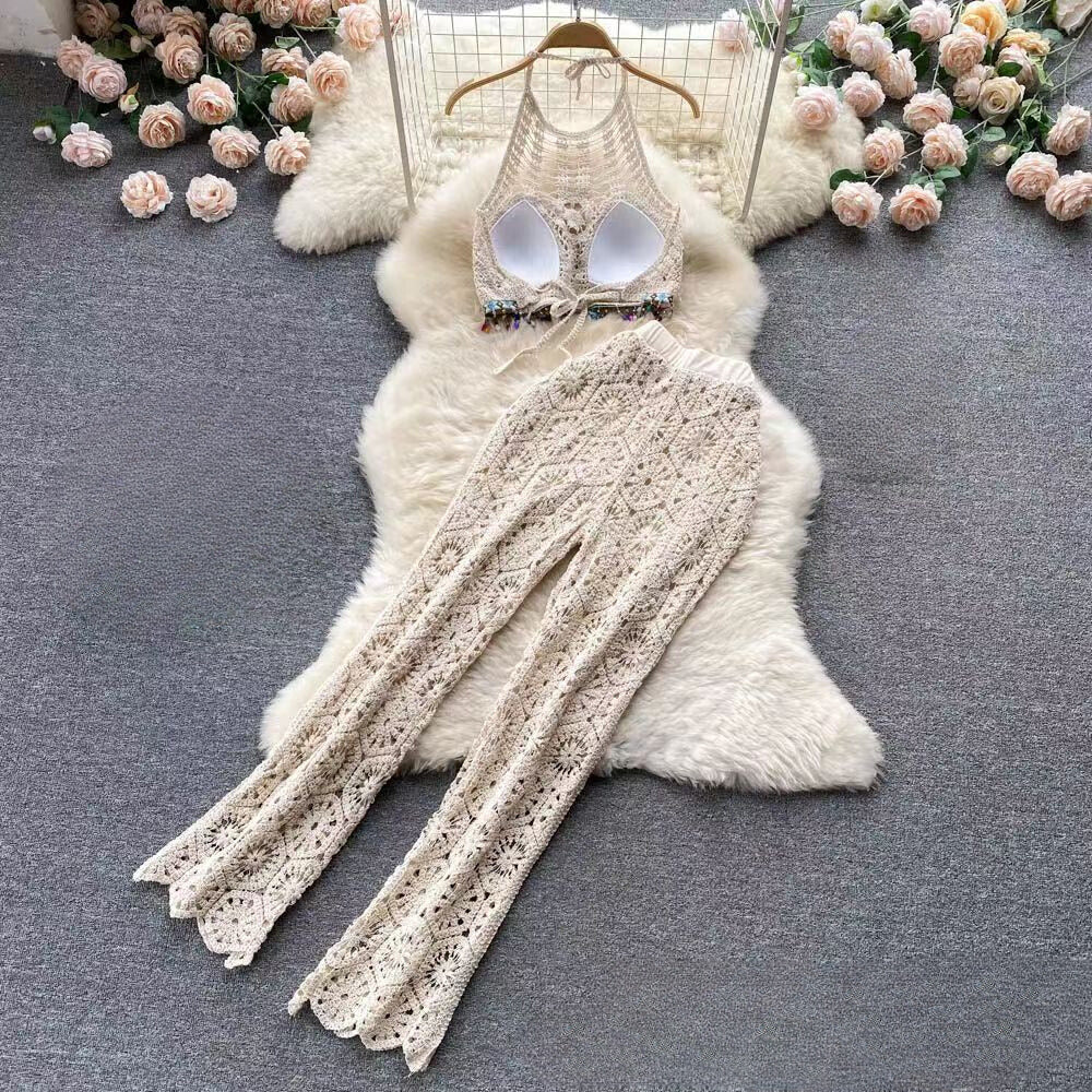 Women's halter neck high waist hollow trousers summer set
