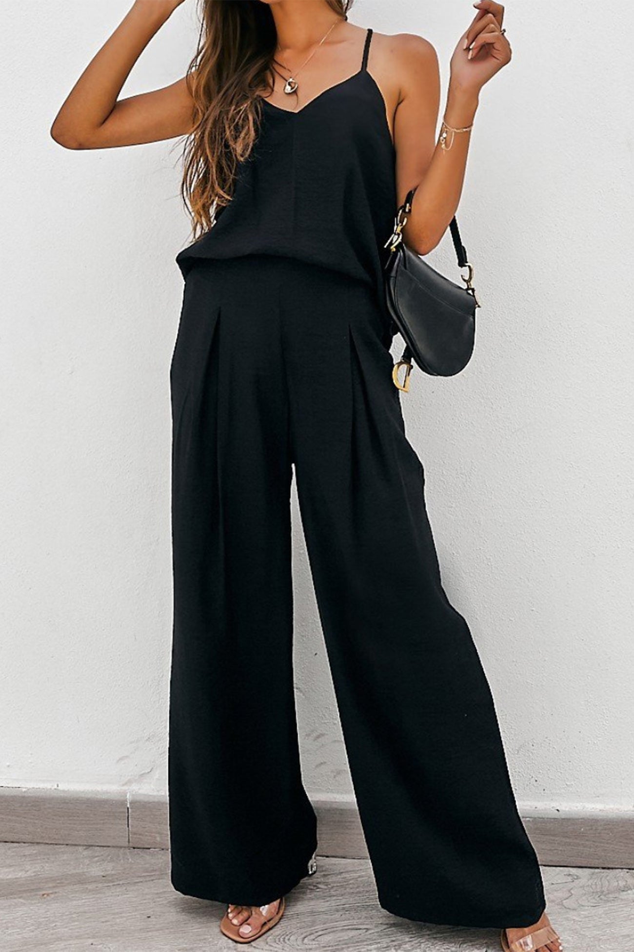 Women’s Matching Set - Sleeveless V-Neck Top & High Waisted Wide-Leg Pants - Relaxed Fit