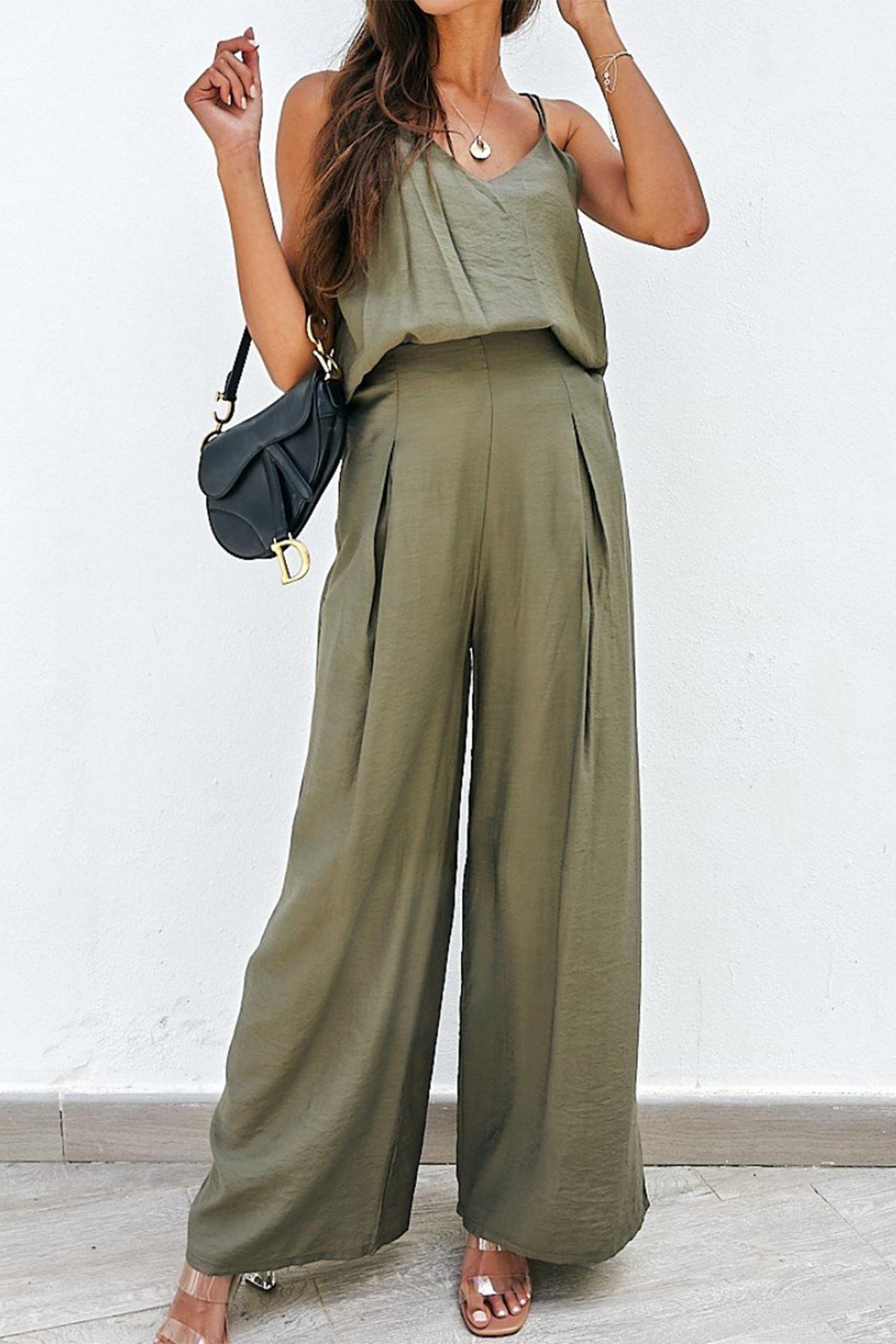 Women’s Matching Set - Sleeveless V-Neck Top & High Waisted Wide-Leg Pants - Relaxed Fit