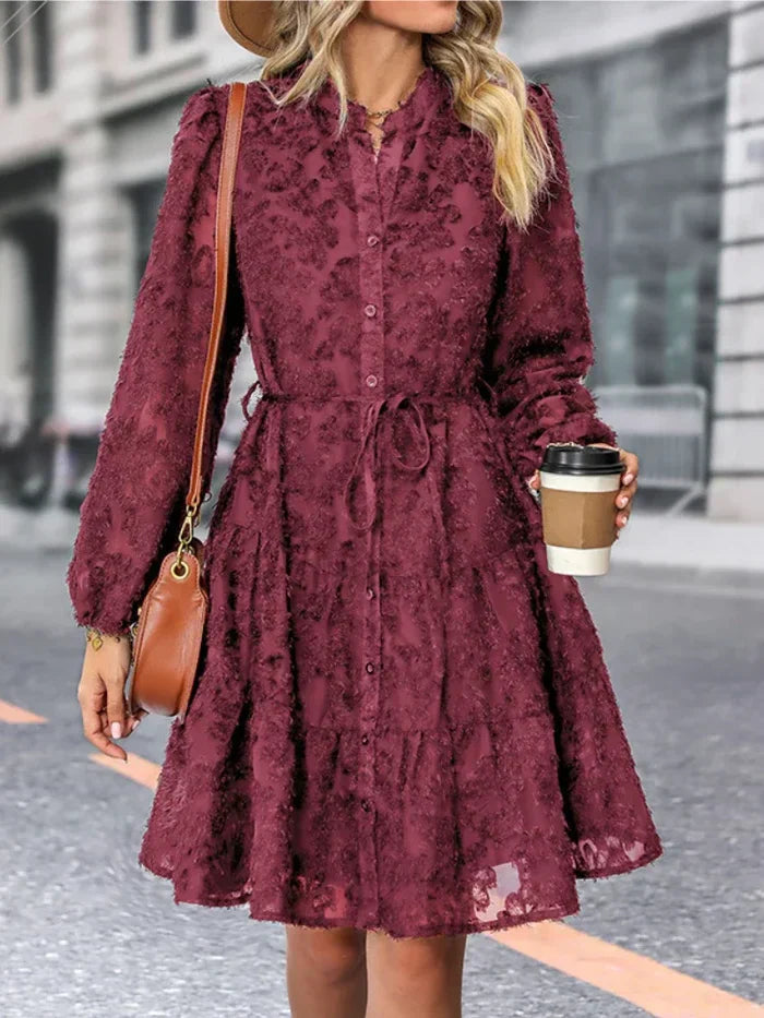 Women's Lace Dress - Long Sleeve Jacquard - Button Front - Tie Waist Elegant Fit