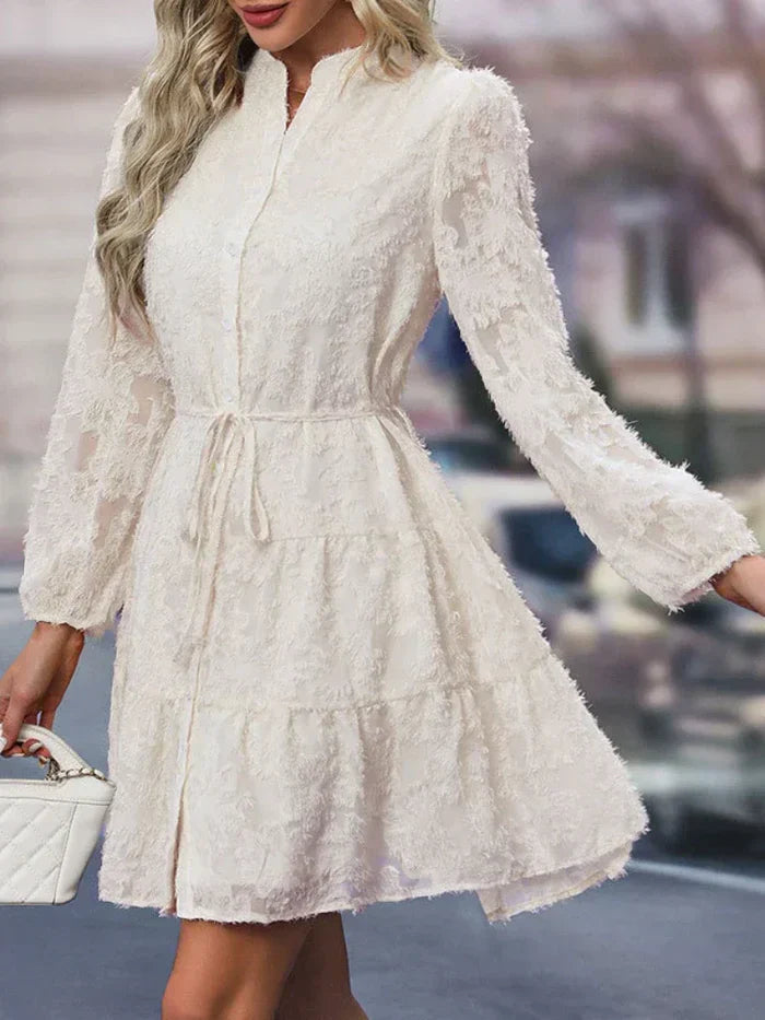 Women's Lace Dress - Long Sleeve Jacquard - Button Front - Tie Waist Elegant Fit