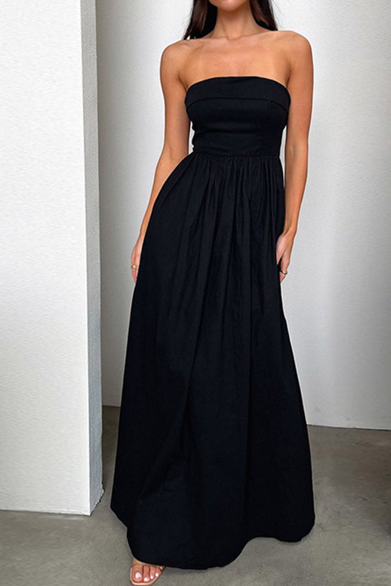 Women's strapless shirred pleated maxi dress