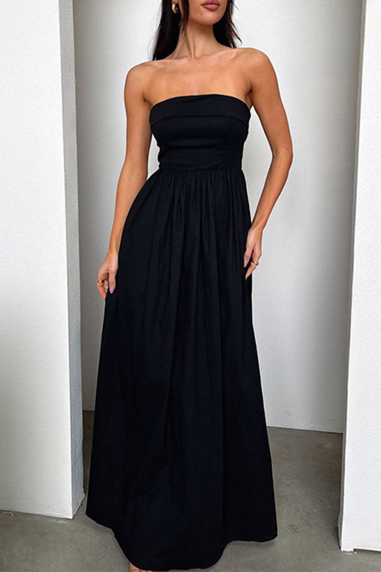 Women's strapless shirred pleated maxi dress