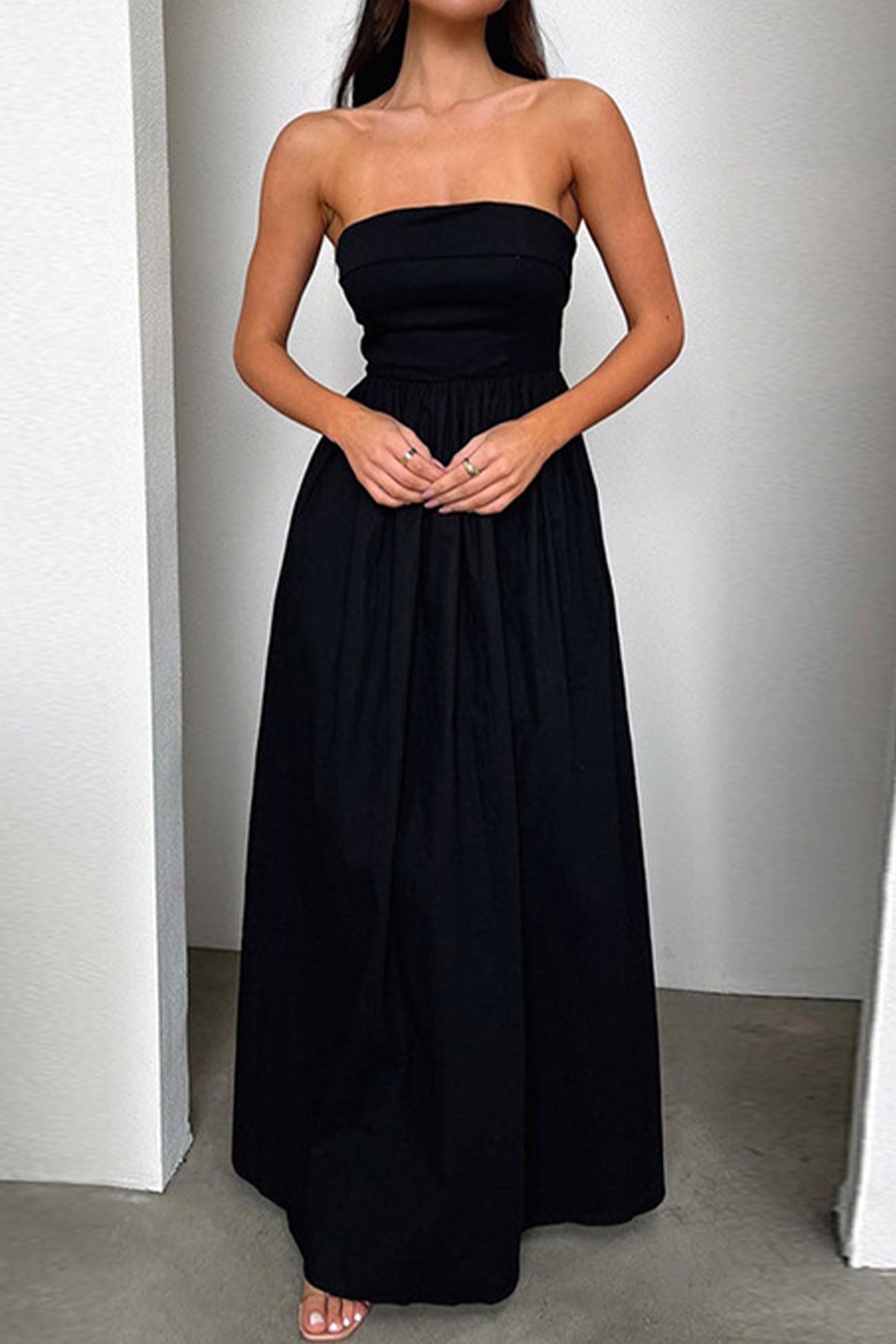 Women's strapless shirred pleated maxi dress