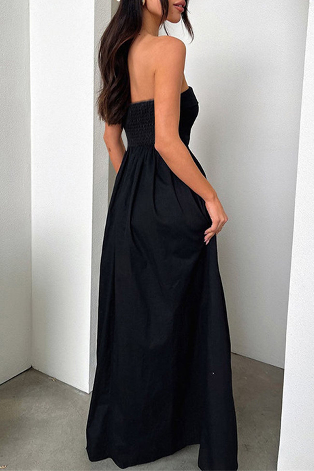 Women's strapless shirred pleated maxi dress