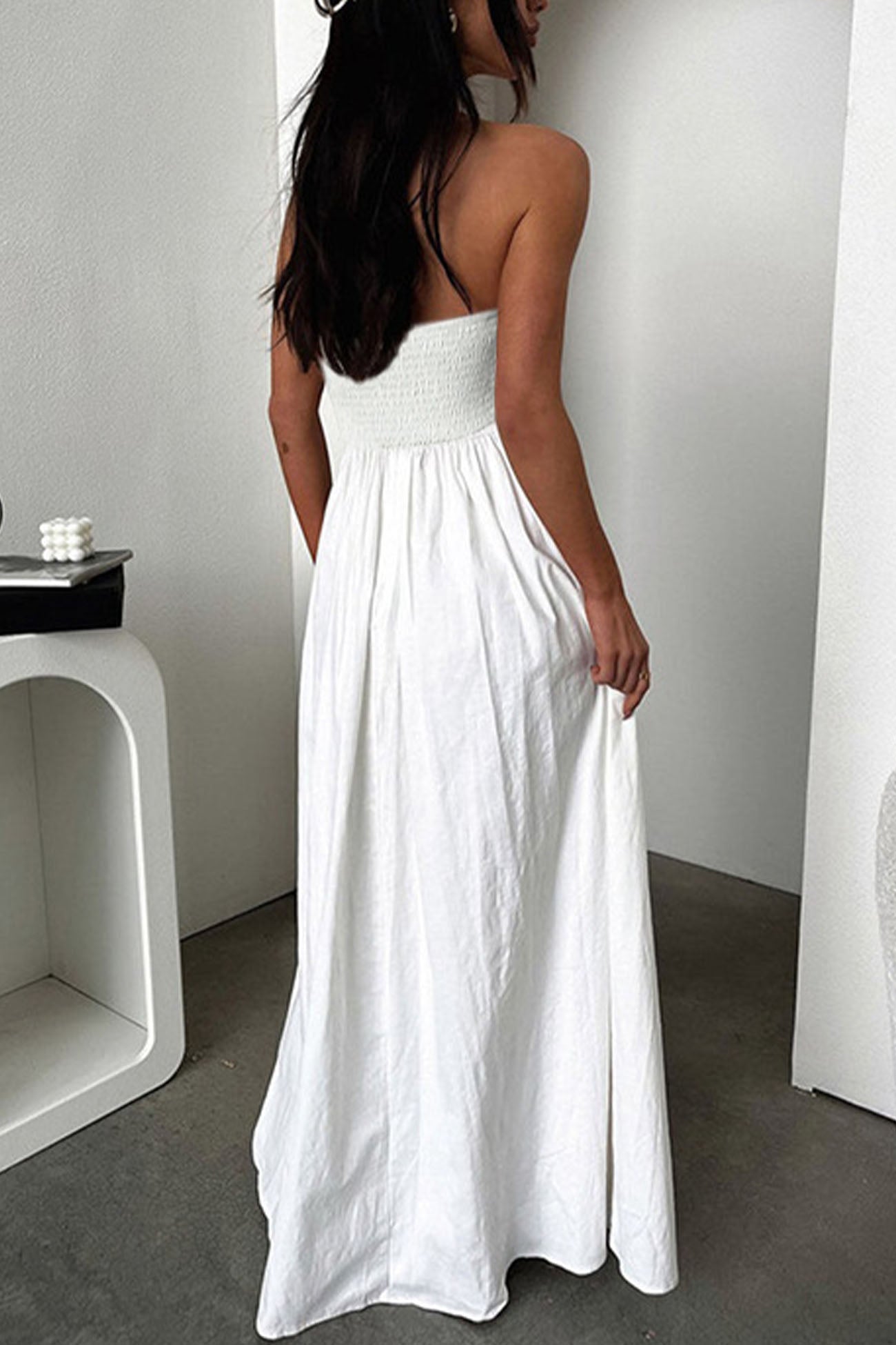 Women's strapless shirred pleated maxi dress