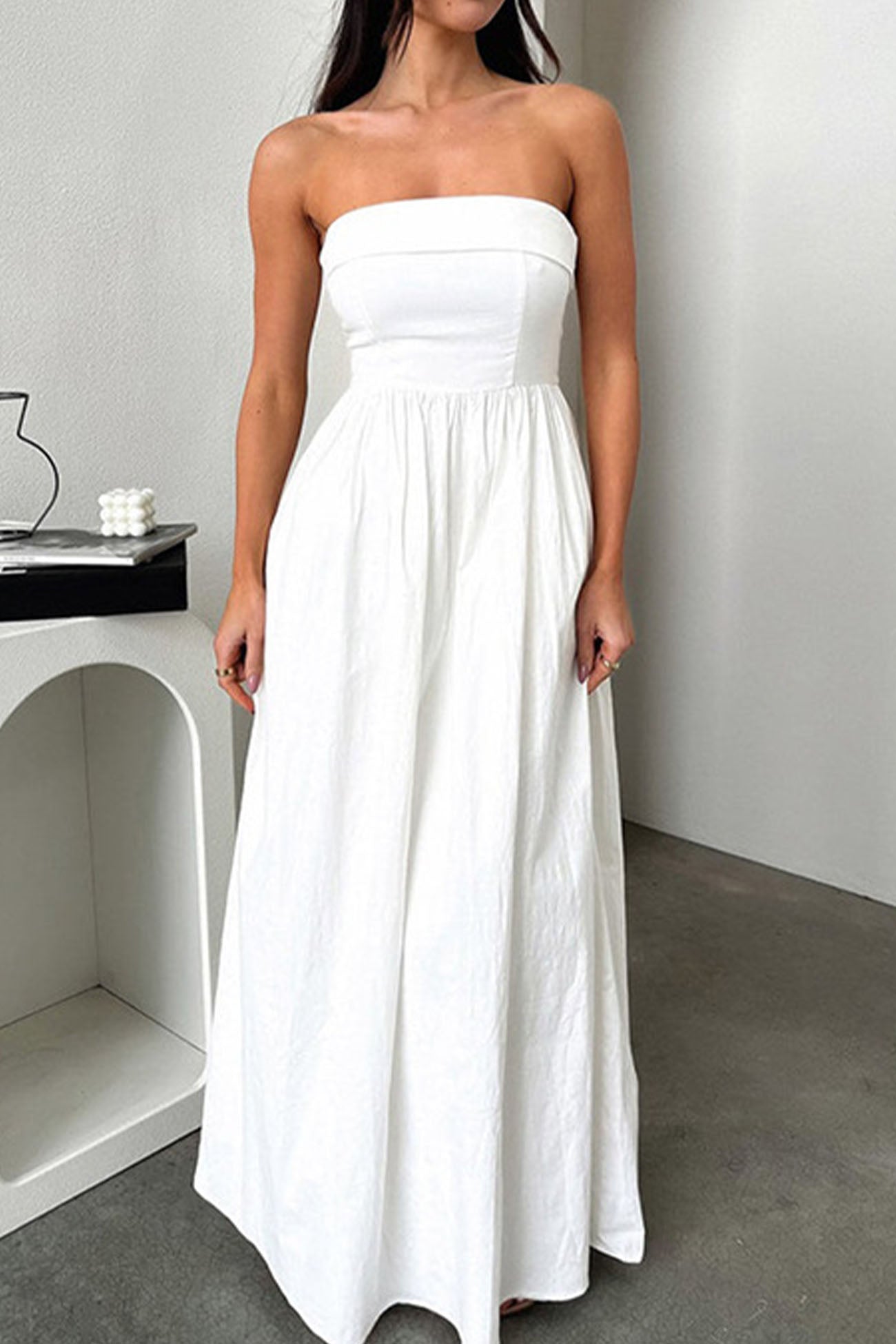 Women's strapless shirred pleated maxi dress