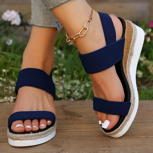 Women's Platform Sandals - Espadrille Jute Sole - Slip-On with Fabric Straps