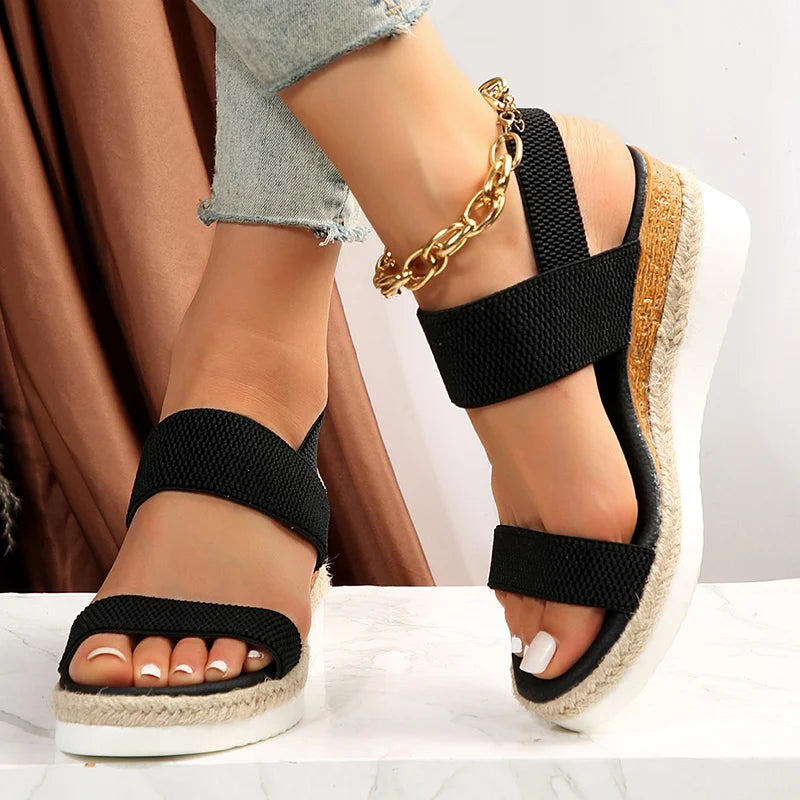 Women's Platform Sandals - Espadrille Jute Sole - Slip-On with Fabric Straps