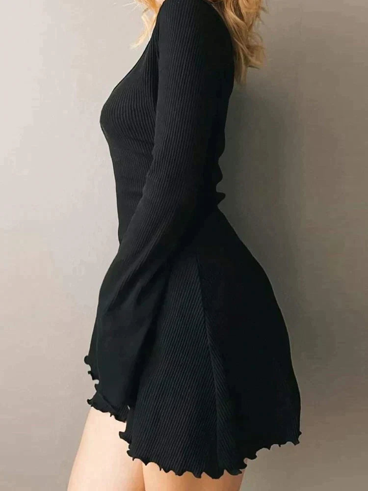 Women's Knitted Mini Dress - Ribbed Texture - Long Sleeve - Scalloped Hem - Slim Fit