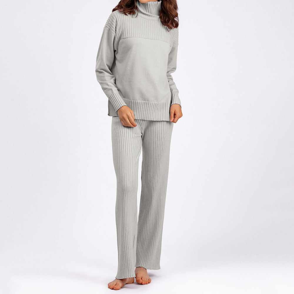 Women's knitted high collar pullover solid color two-piece set