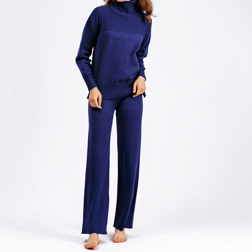 Women's knitted high collar pullover solid color two-piece set