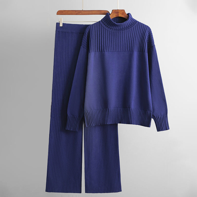 Women's knitted high collar pullover solid color two-piece set