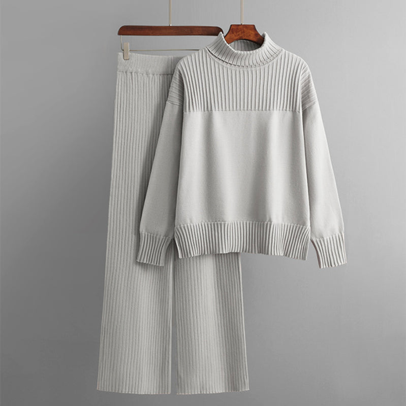 Women's knitted high collar pullover solid color two-piece set
