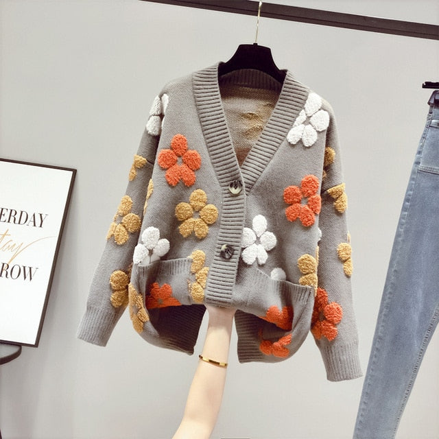 women's v-neck floral pocket button-down knit cardigan