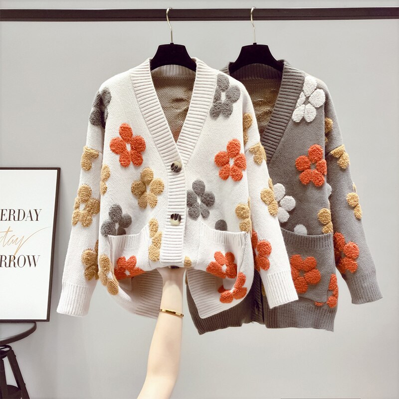 women's v-neck floral pocket button-down knit cardigan