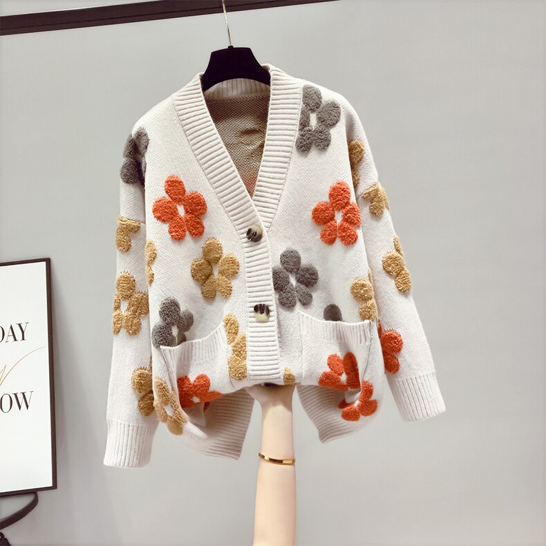 women's v-neck floral pocket button-down knit cardigan