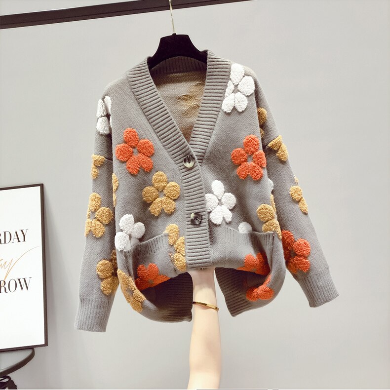 women's v-neck floral pocket button-down knit cardigan