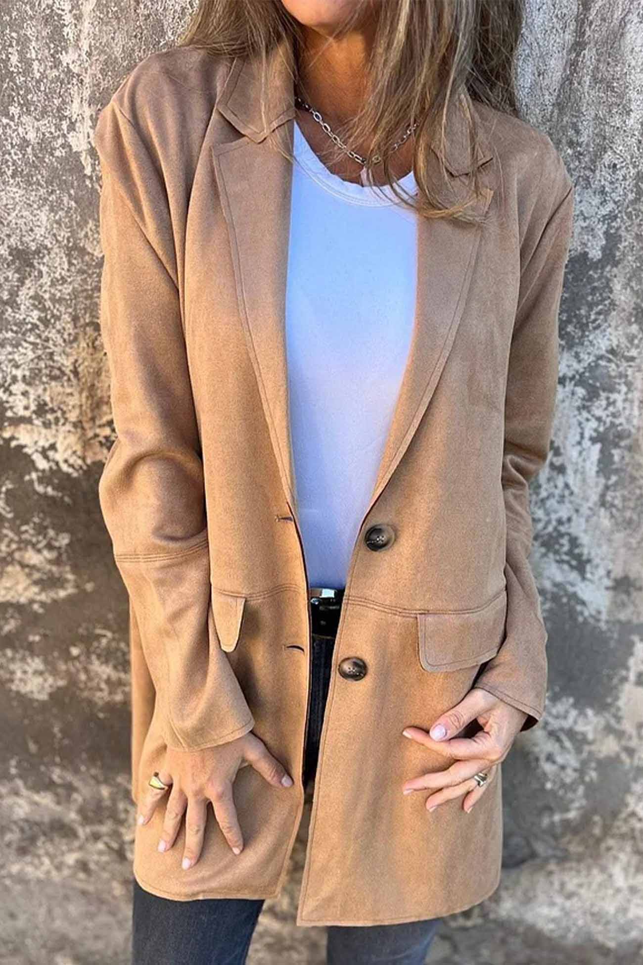 Women's faux suede button-down lapel jacket