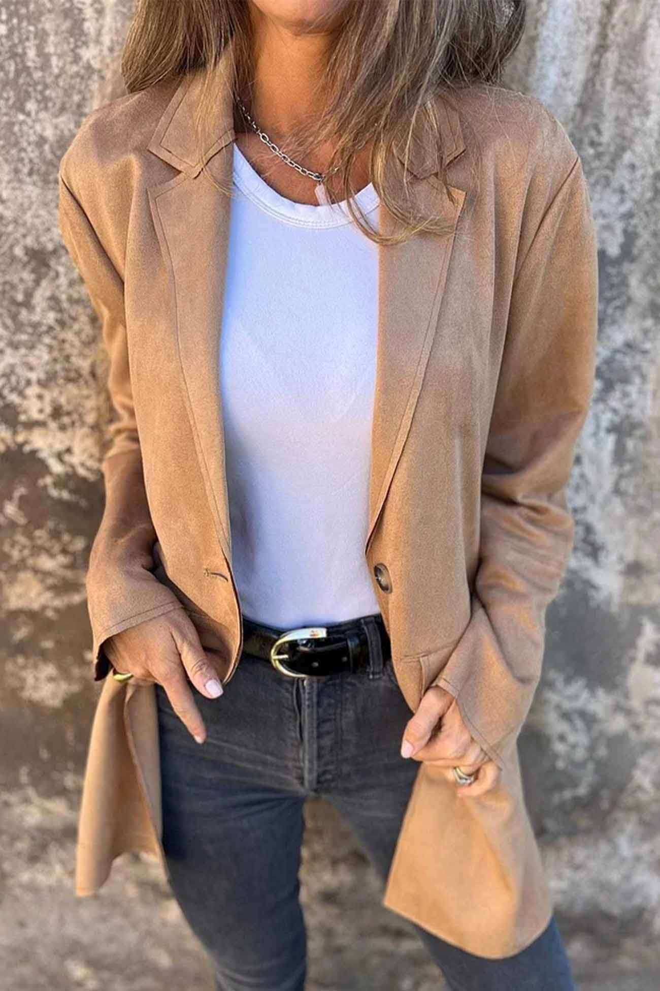Women's faux suede button-down lapel jacket