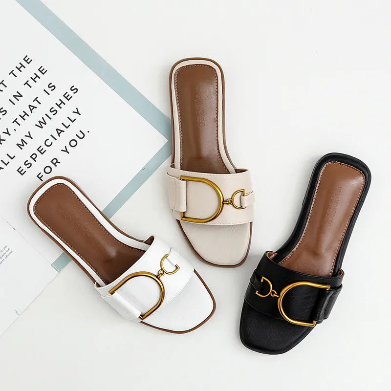 Metallic Accent Square Toe Slip-On Sandals