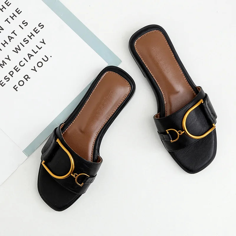 Metallic Accent Square Toe Slip-On Sandals