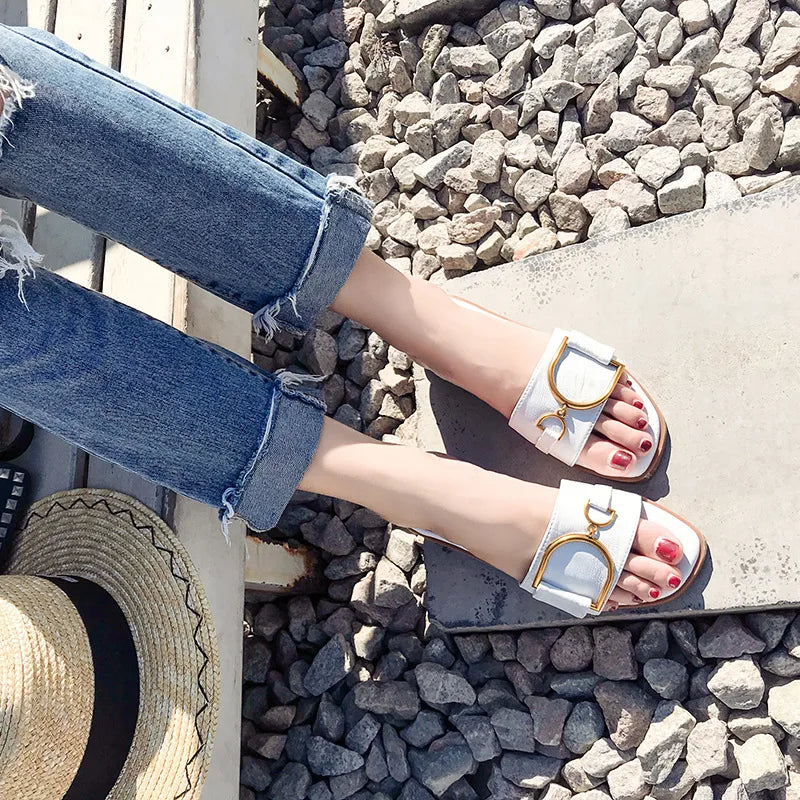 Metallic Accent Square Toe Slip-On Sandals