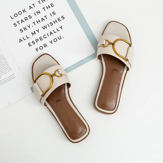 Metallic Accent Square Toe Slip-On Sandals