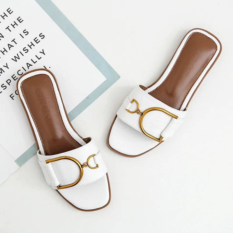 Metallic Accent Square Toe Slip-On Sandals