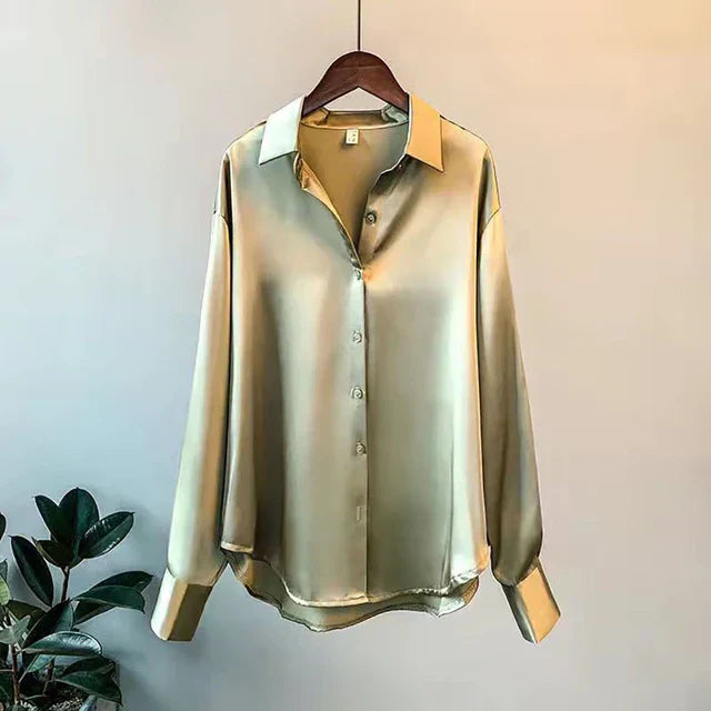 Women's Silk Button-Down Blouse - Relaxed Fit - Long Sleeve Elegant Shirt