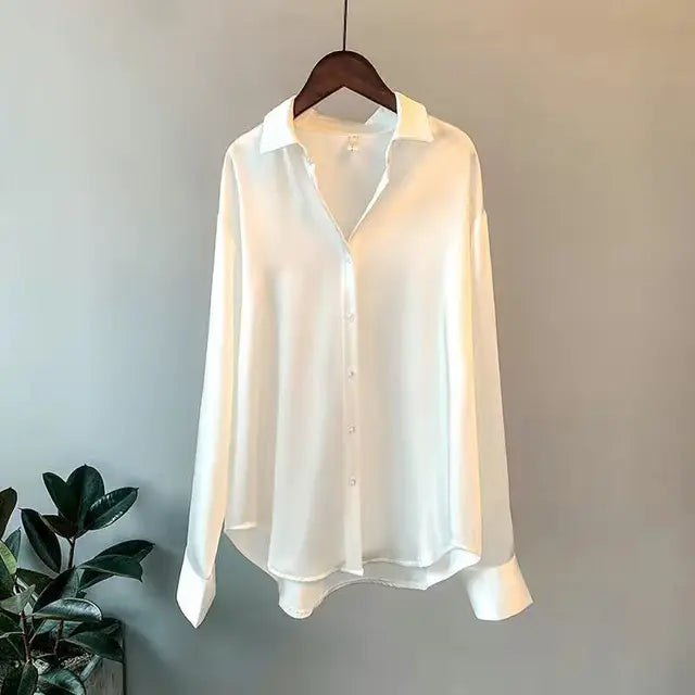 Women's Silk Button-Down Blouse - Relaxed Fit - Long Sleeve Elegant Shirt