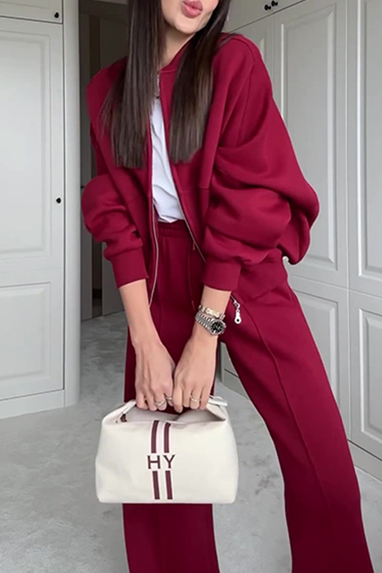 Women's zip-up sweatshirt and straight-leg pants set