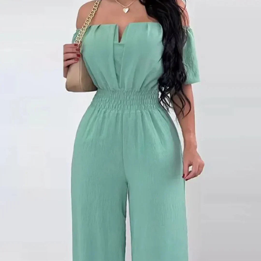 Women's Off-Shoulder Jumpsuit - Shirred Elastic Waist - Wide-Leg Flowing Fit