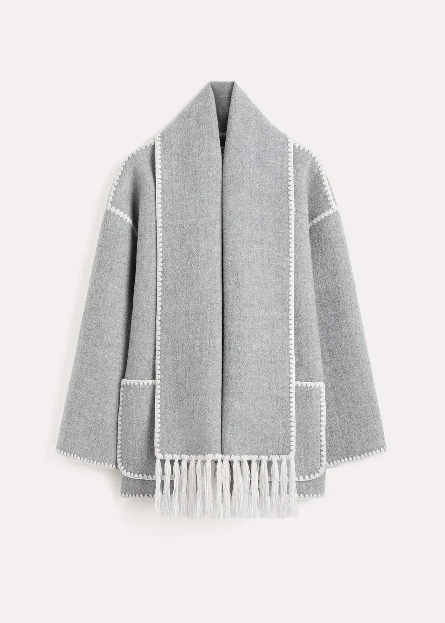 Women’s Wool Coat - Oversized Fit - Fringe Trim - Button-Up with Matching Scarf